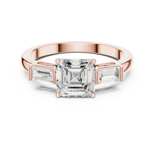 Cushion Diamond Three Stone Baguette Engagement Ring Rose Gold 18K | Lab Grown | Driona Jewels