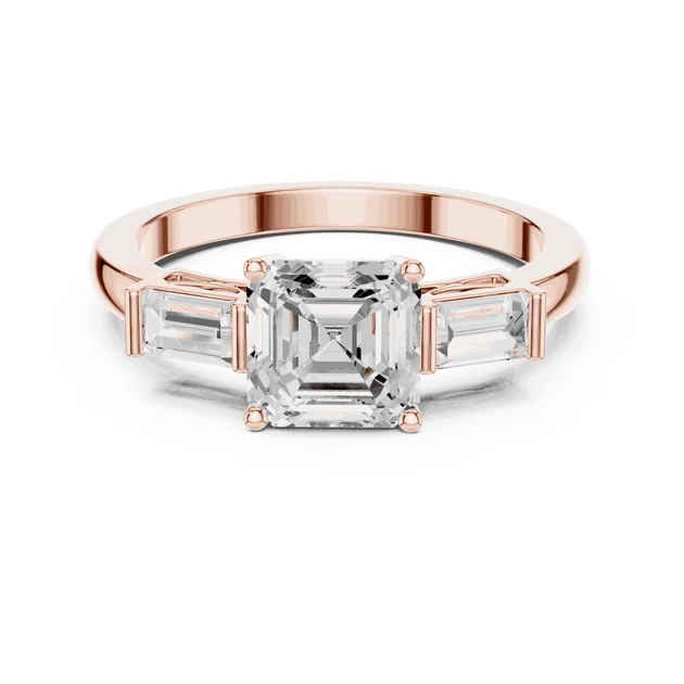 Cushion Diamond Three Stone Baguette Engagement Ring Rose Gold 18K | Lab Grown | Driona Jewels