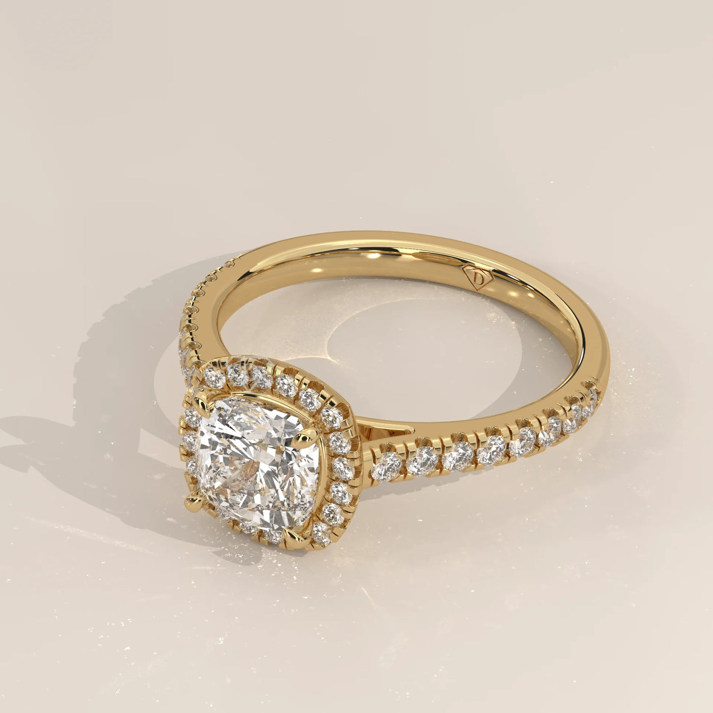 Angle View: Cushion Diamond Ring with Halo Setting in Yellow Gold – Lab Grown – Driona Jewels