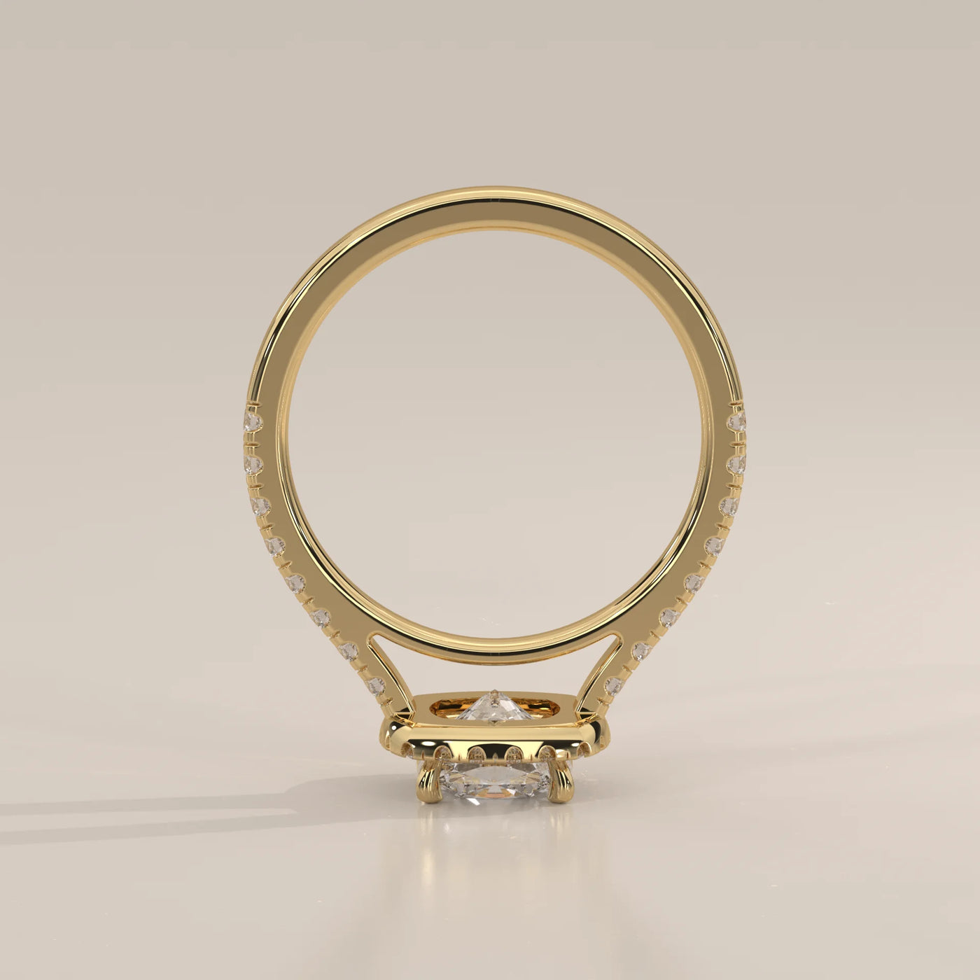 Front View: Cushion Diamond Ring with Halo Setting in Yellow Gold – Lab Grown – Driona Jewels