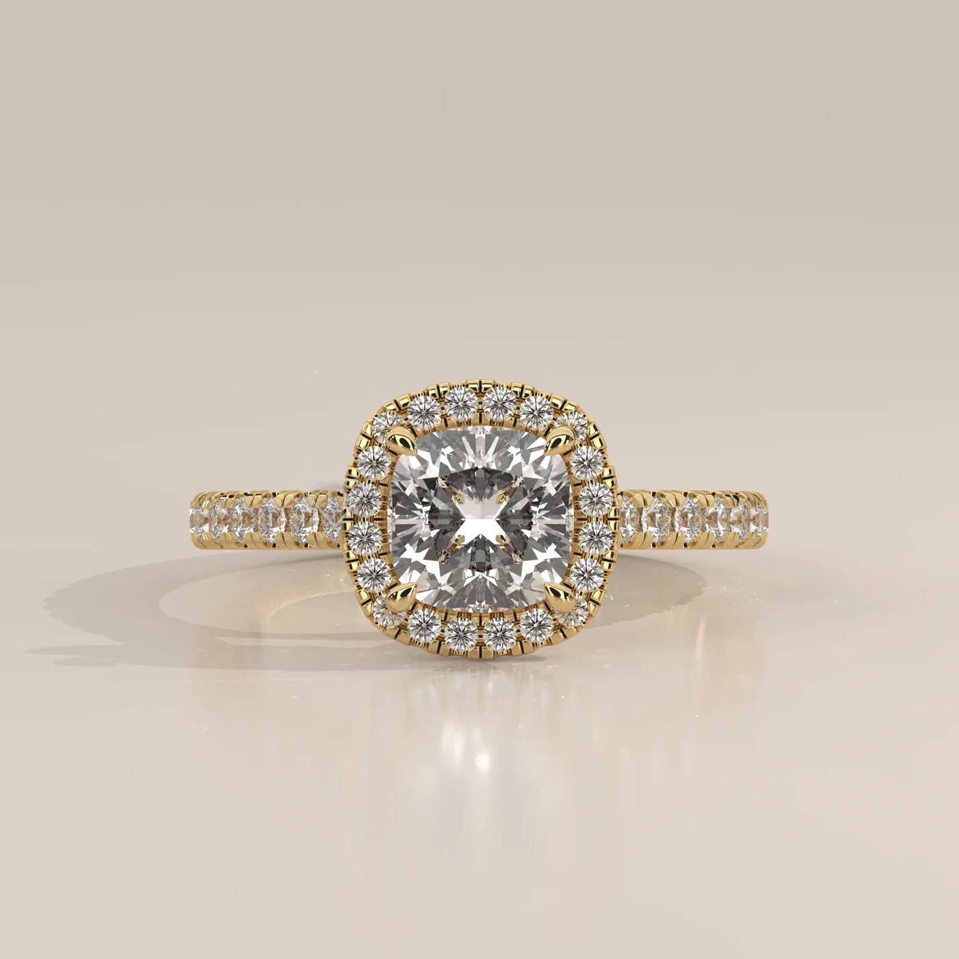 Side Profile: Cushion Diamond Ring with Halo Setting in Yellow Gold – Lab Grown – Driona Jewels