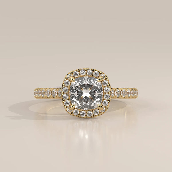 Side Profile: Cushion Diamond Ring with Halo Setting in Yellow Gold – Lab Grown – Driona Jewels