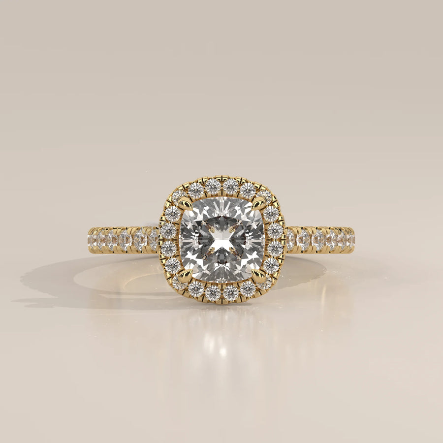 Side Profile: Cushion Diamond Ring with Halo Setting in Yellow Gold – Lab Grown – Driona Jewels