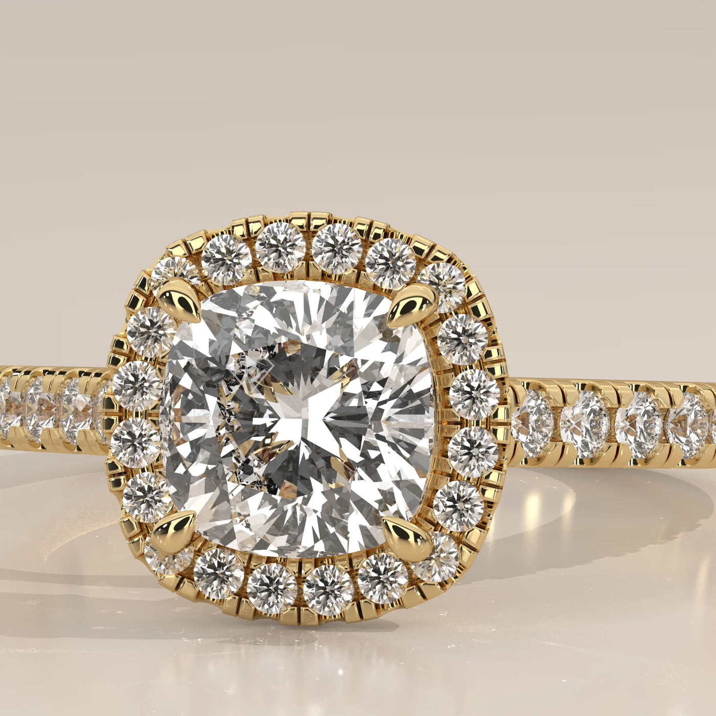 Stone Detail: Cushion Lab Grown Diamonds in Halo Setting – Yellow Gold – Driona Jewels