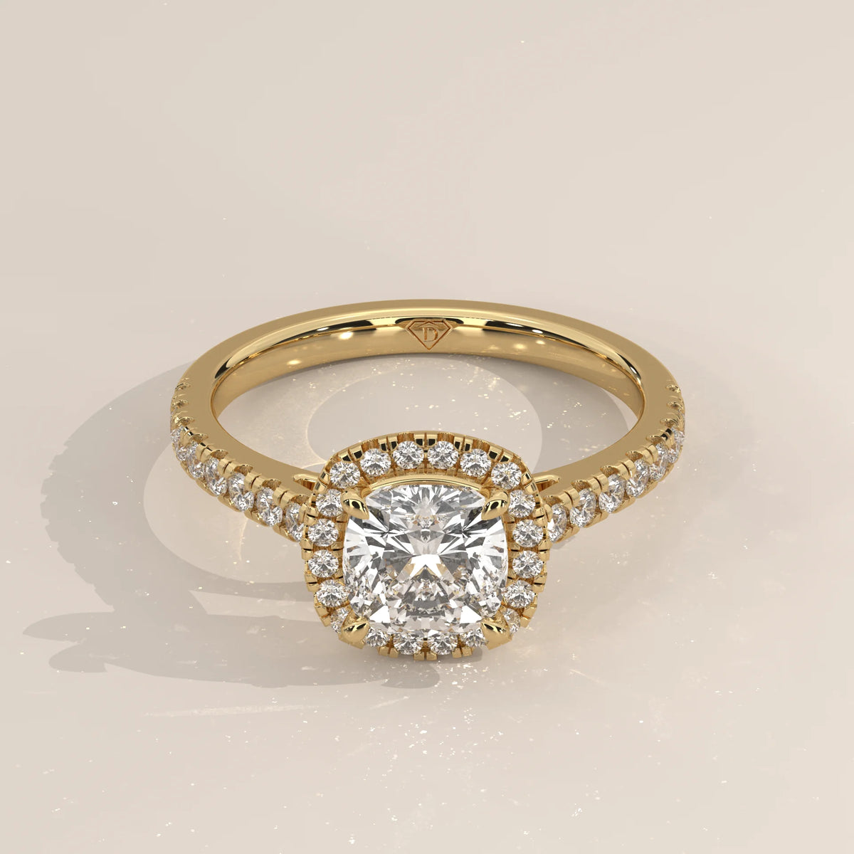 Three-Quarter View: Cushion Diamond Ring with Halo Setting in Yellow Gold – Lab Grown – Driona Jewels