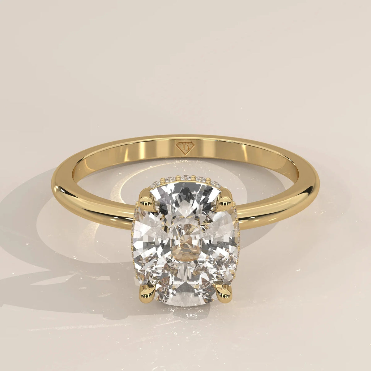 Front View: Cushion Diamond Ring with Hidden Halo Setting in Yellow Gold – Lab Grown – Driona Jewels