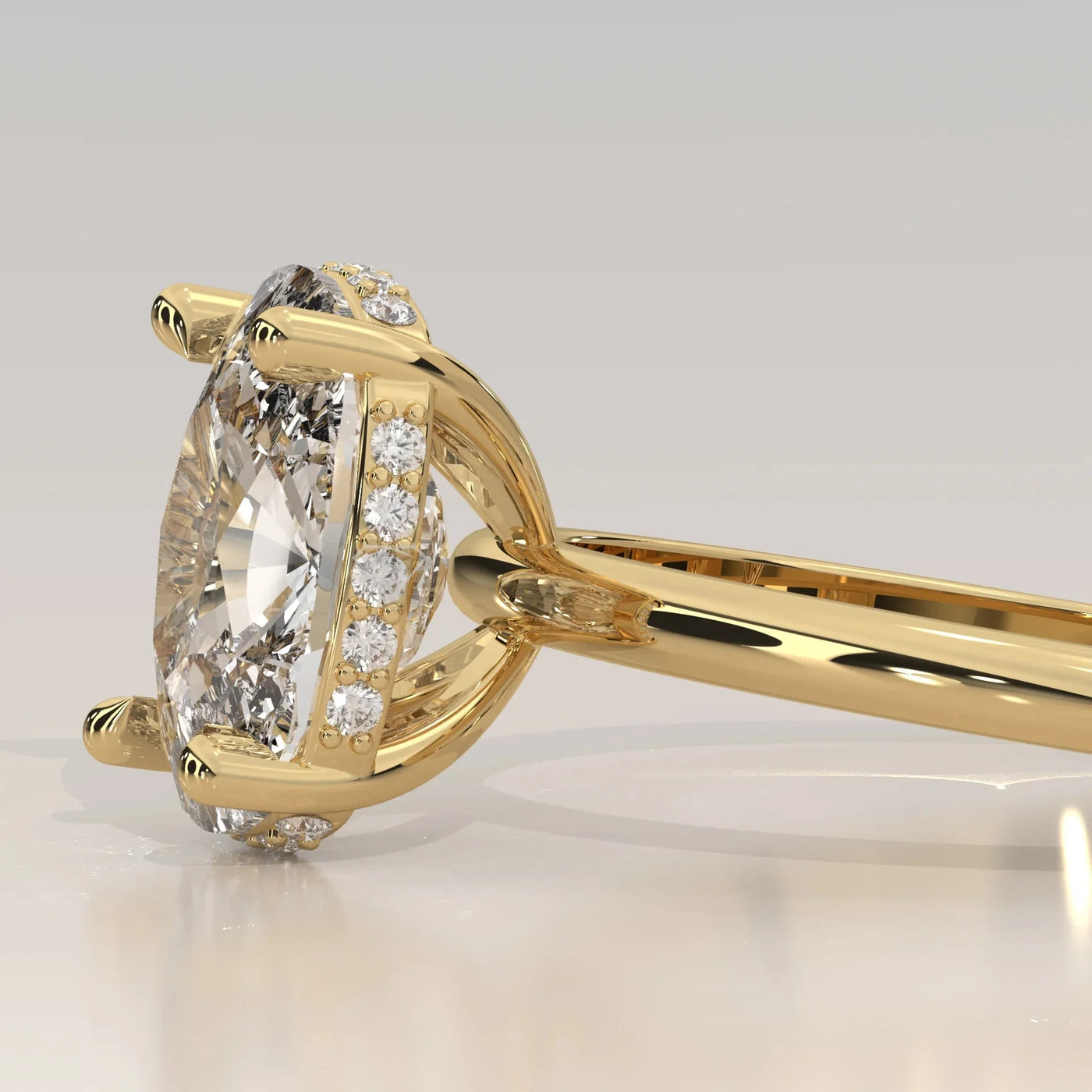 Side Profile: Cushion Diamond Ring with Hidden Halo Setting in Yellow Gold – Lab Grown – Driona Jewels