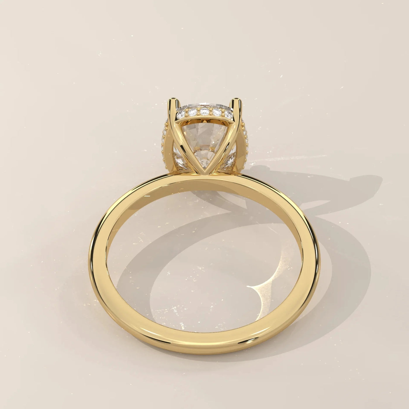 Side Profile: Cushion Diamond Ring with Hidden Halo Setting in Yellow Gold – Lab Grown – Driona Jewels