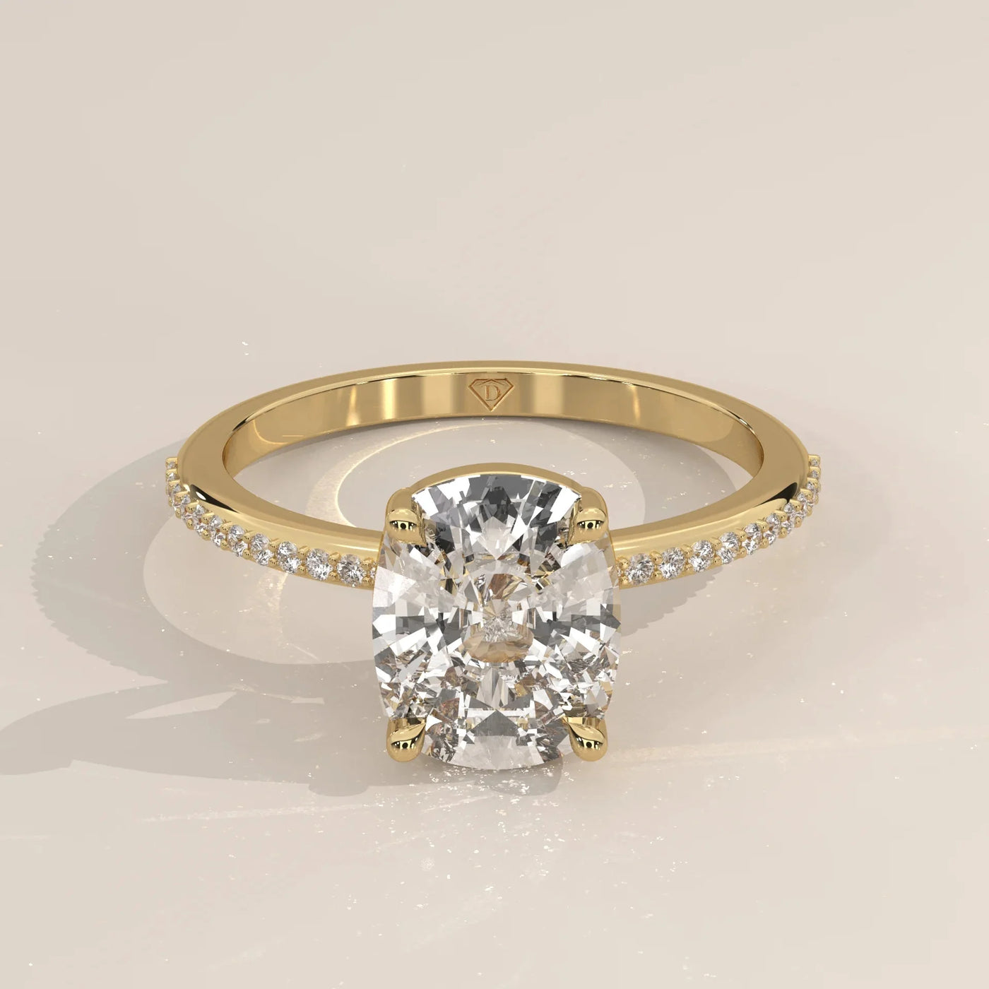 Front View: Cushion Diamond Engagement Ring with Pavé Setting in Yellow Gold – Lab Grown – Driona Jewels