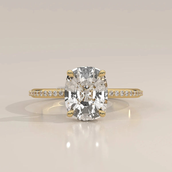 Front View: Cushion Diamond Engagement Ring with Pavé Setting in Yellow Gold – Lab Grown – Driona Jewels