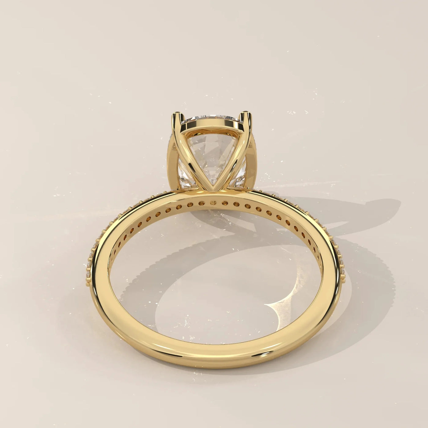 Side Profile: Cushion Diamond Engagement Ring with Pavé Setting in Yellow Gold – Lab Grown – Driona Jewels
