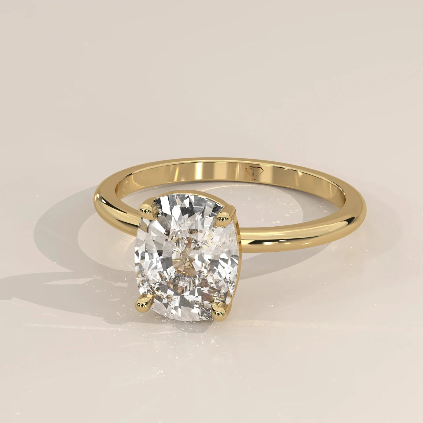 Front View: Cushion Diamond Ring with Solitaire Setting in Yellow Gold – Lab Grown – Driona Jewels