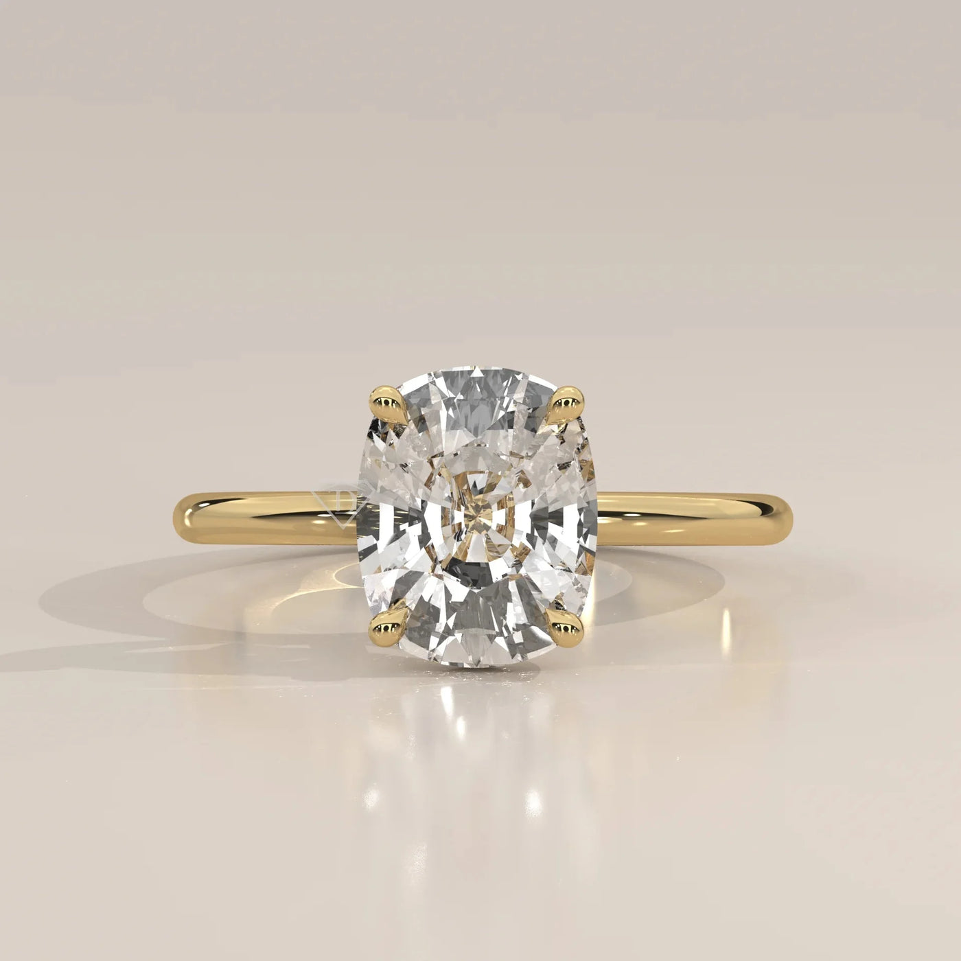 Front View: Cushion Diamond Ring with Solitaire Setting in Yellow Gold – Lab Grown – Driona Jewels
