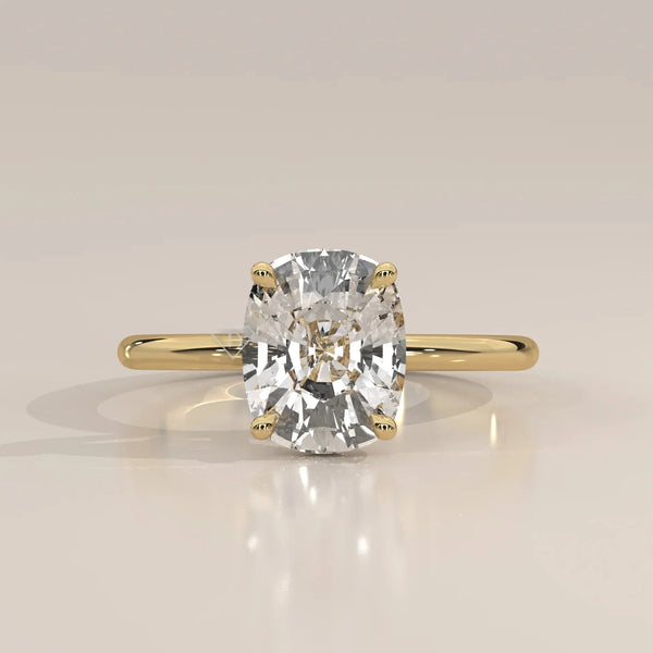 Front View: Cushion Diamond Ring with Solitaire Setting in Yellow Gold – Lab Grown – Driona Jewels
