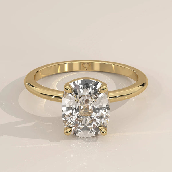 Front View: Cushion Diamond Ring with Solitaire Setting in Yellow Gold – Lab Grown – Driona Jewels