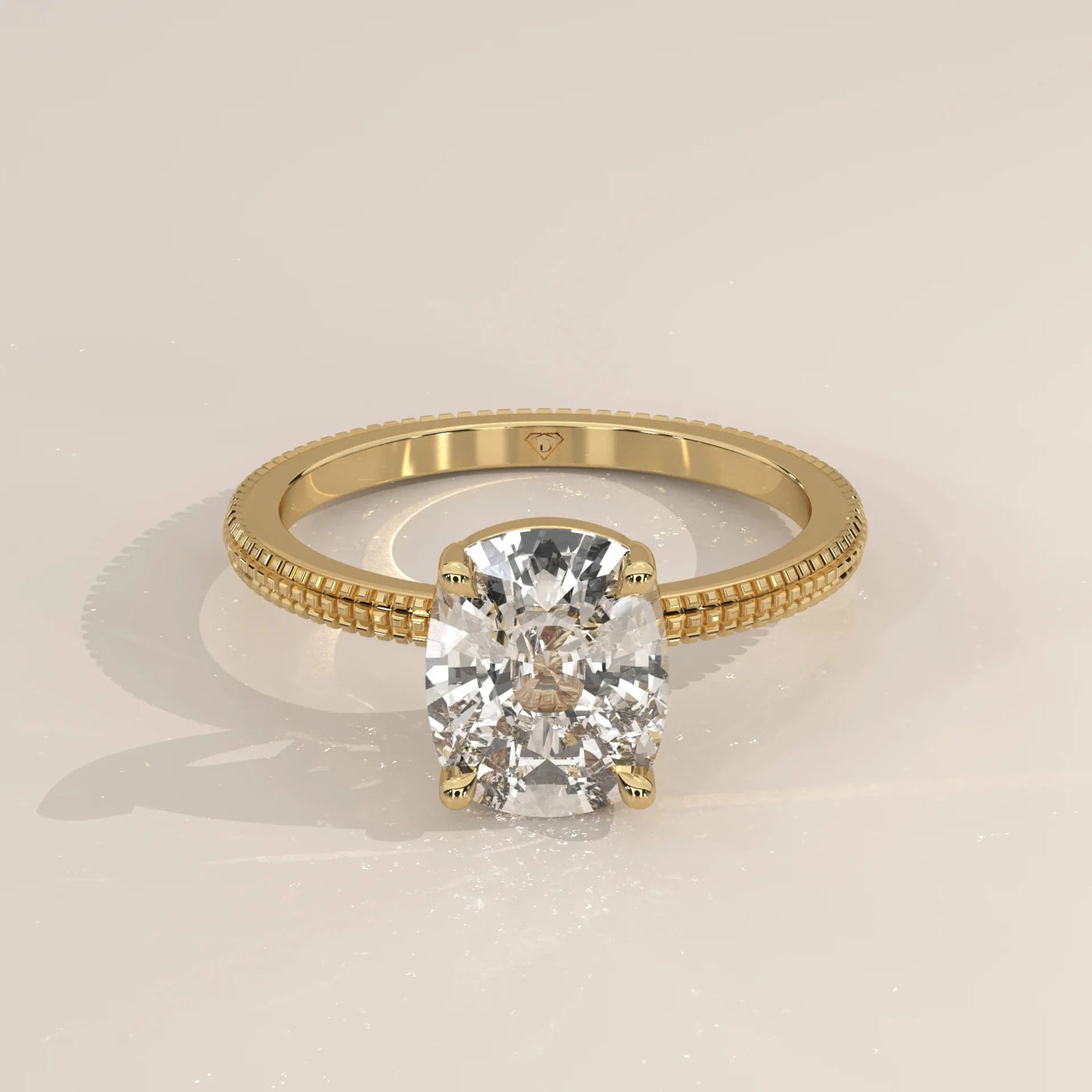 Front View: Cushion Diamond Ring with Solitaire Setting in Yellow Gold – Lab Grown – Driona Jewels