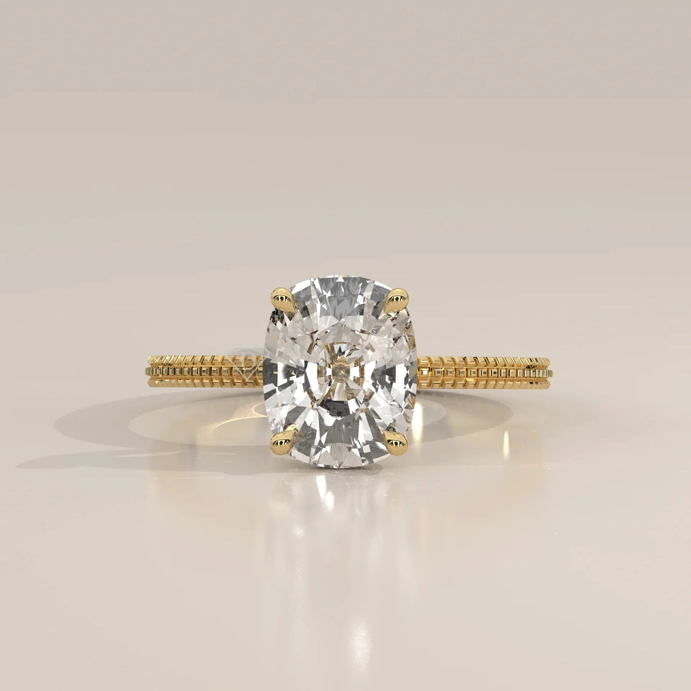 Front View: Cushion Diamond Ring with Solitaire Setting in Yellow Gold – Lab Grown – Driona Jewels