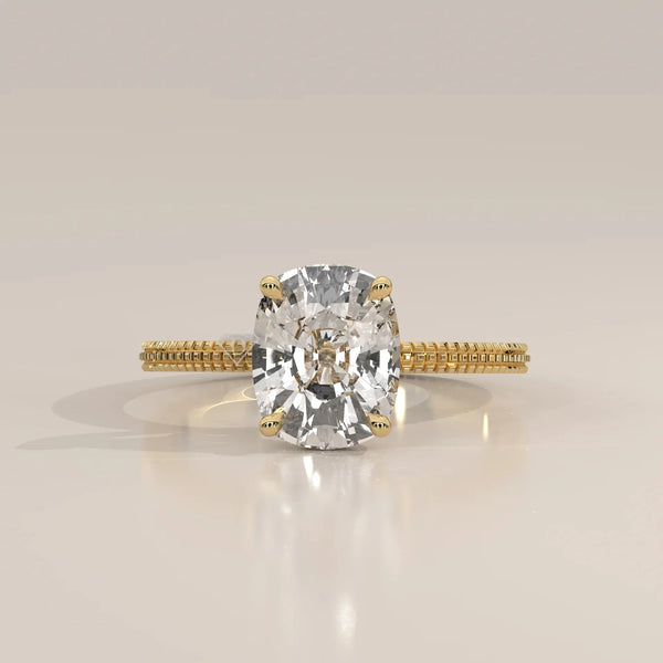 Front View: Cushion Diamond Ring with Solitaire Setting in Yellow Gold – Lab Grown – Driona Jewels