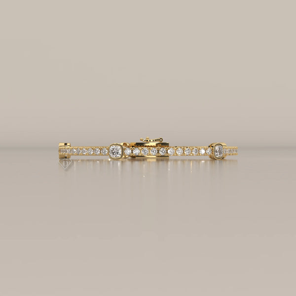 Cushion Station Lab Grown Diamond Tennis Bracelet with Round Line in yellow gold, product photograph on a plain background.
