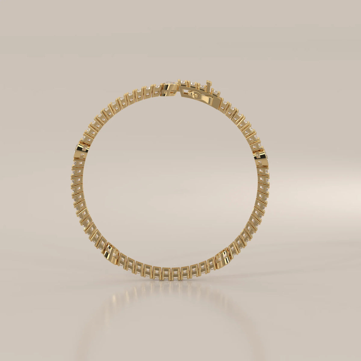 Cushion Station Lab Grown Diamond Tennis Bracelet with Round Line in yellow gold, side profile view.
