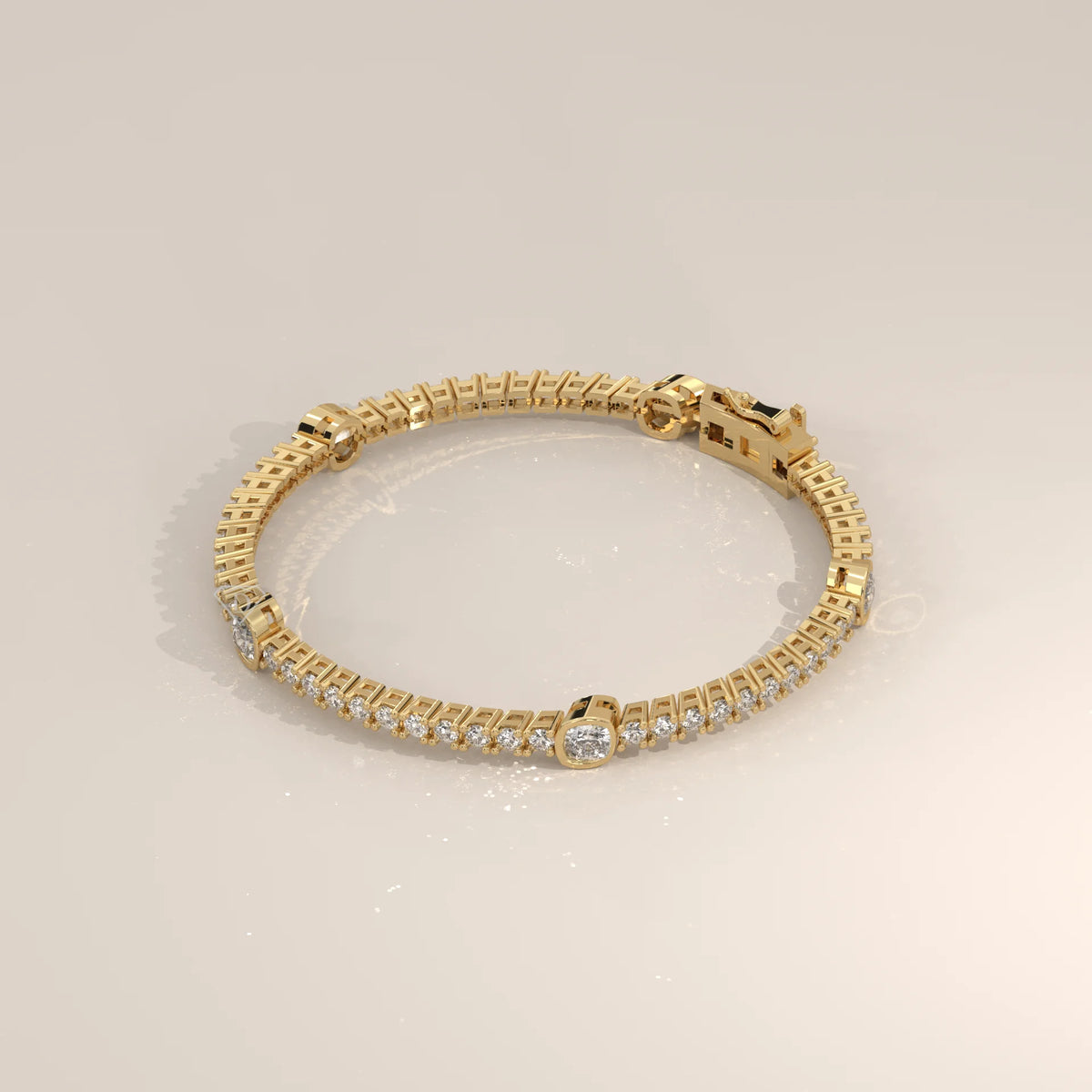 Cushion Station Lab Grown Diamond Tennis Bracelet with Round Line in yellow gold, shown from the side.