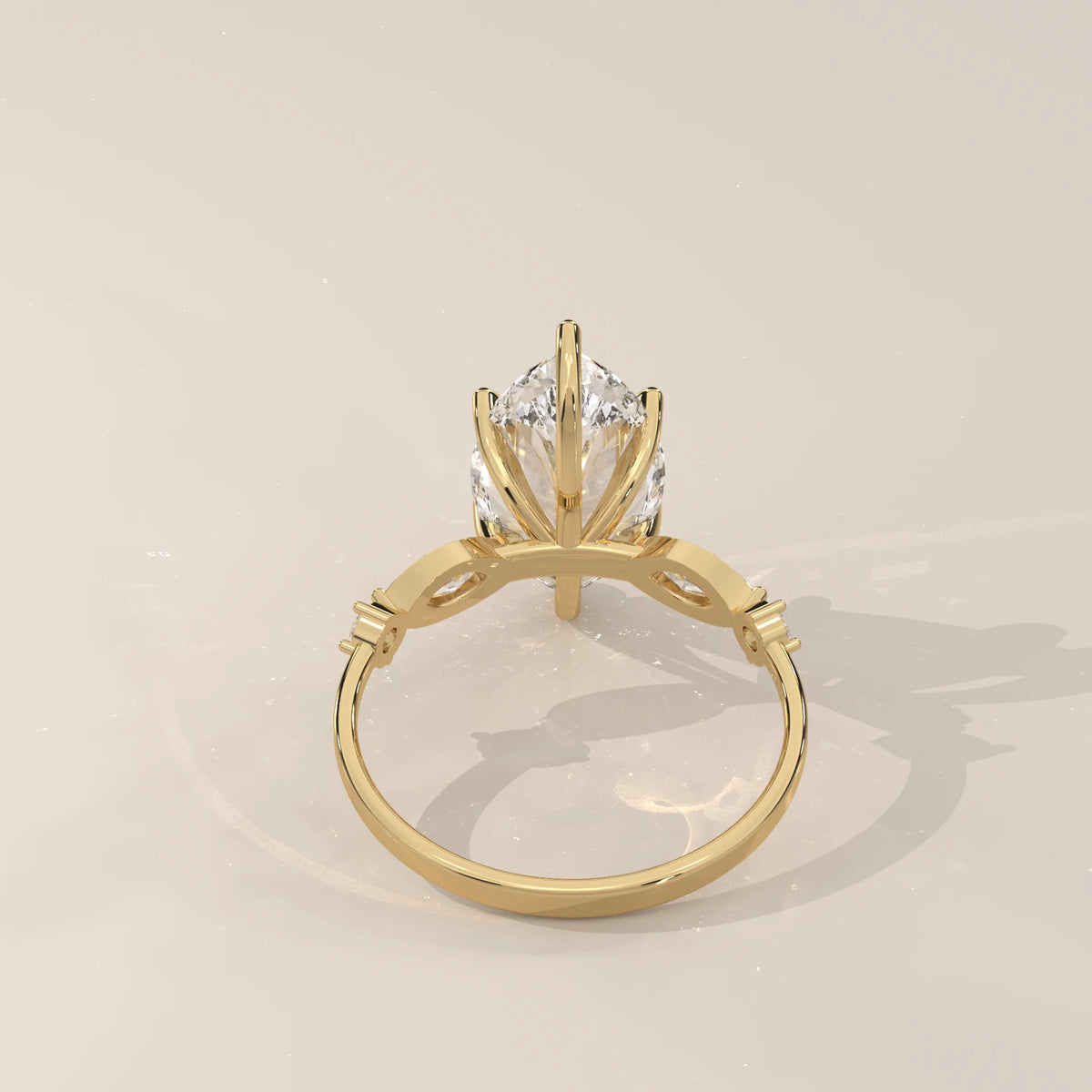 Daiva 5 Carat Marquise Lab Grown Diamond Ring, East West Accents in yellow gold, side profile view.