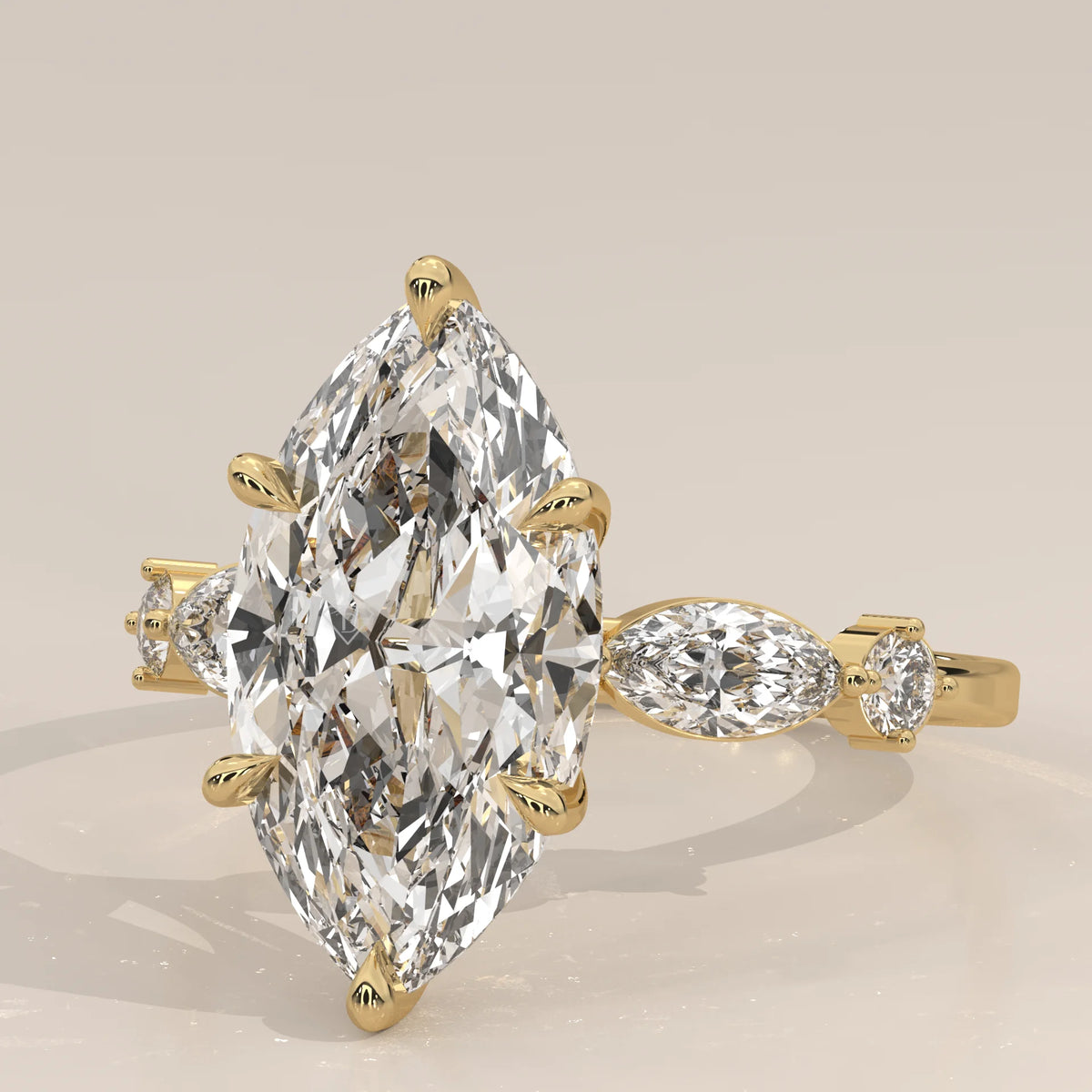 Daiva 5 Carat Marquise Lab Grown Diamond Ring, East West Accents in yellow gold, shown on a plain background.