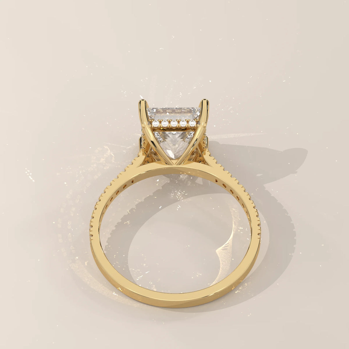 Daphne 5 Carat Princess Lab Grown Diamond Ring, Hidden Halo Pave in yellow gold, shown on a plain background.
