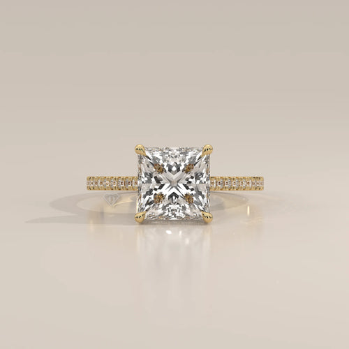 Daphne 5 Carat Princess Lab Grown Diamond Ring, Hidden Halo Pave in yellow gold, photographed head-on.