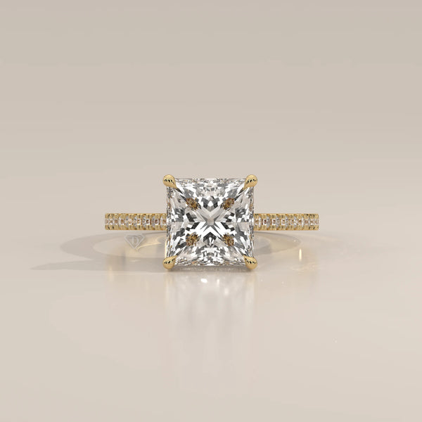 Daphne 5 Carat Princess Lab Grown Diamond Ring, Hidden Halo Pave in yellow gold, photographed head-on.