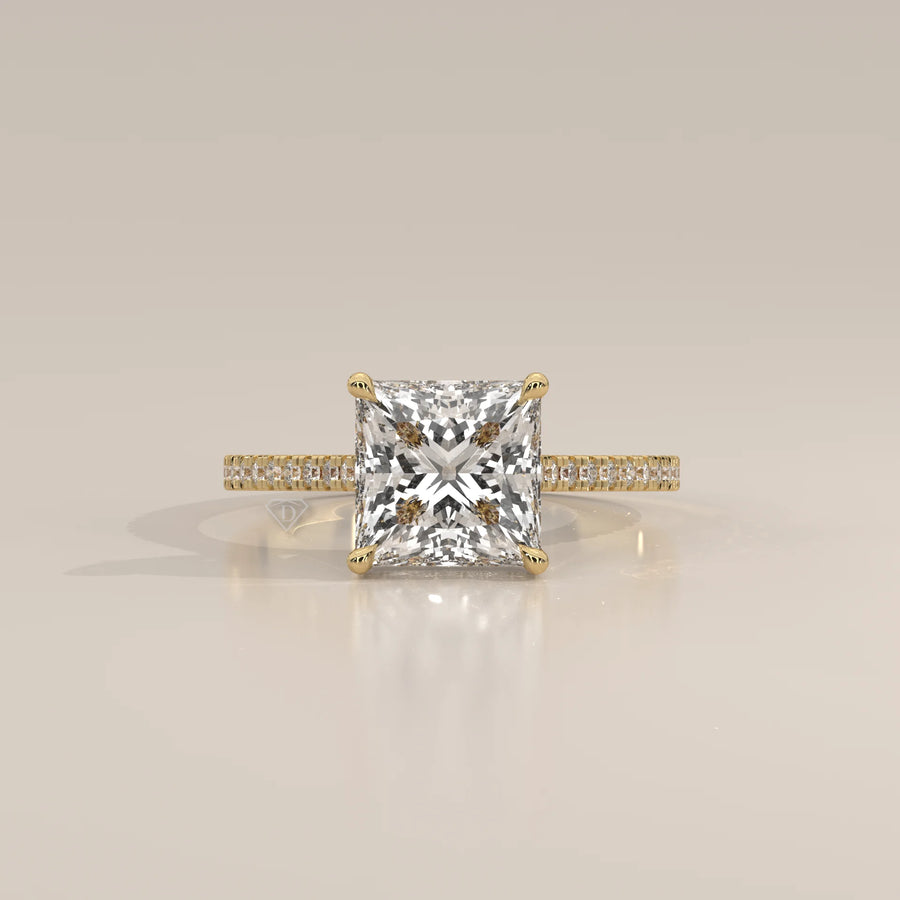 Daphne 5 Carat Princess Lab Grown Diamond Ring, Hidden Halo Pave in yellow gold, photographed head-on.
