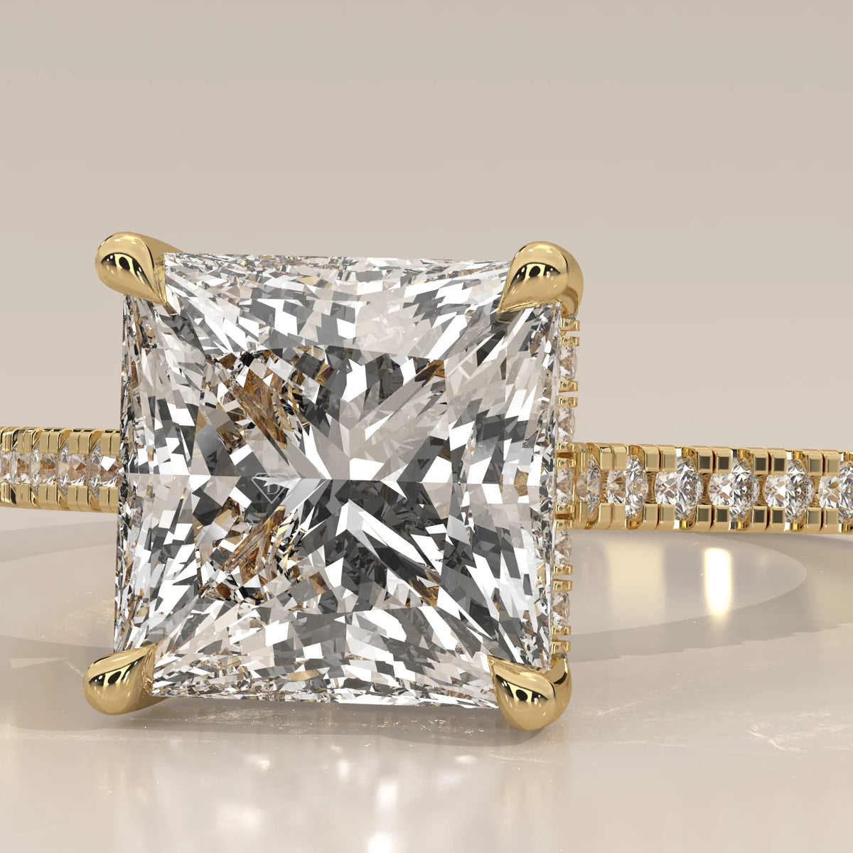 Daphne 5 Carat Princess Lab Grown Diamond Ring, Hidden Halo Pave in yellow gold, front view on a plain background.