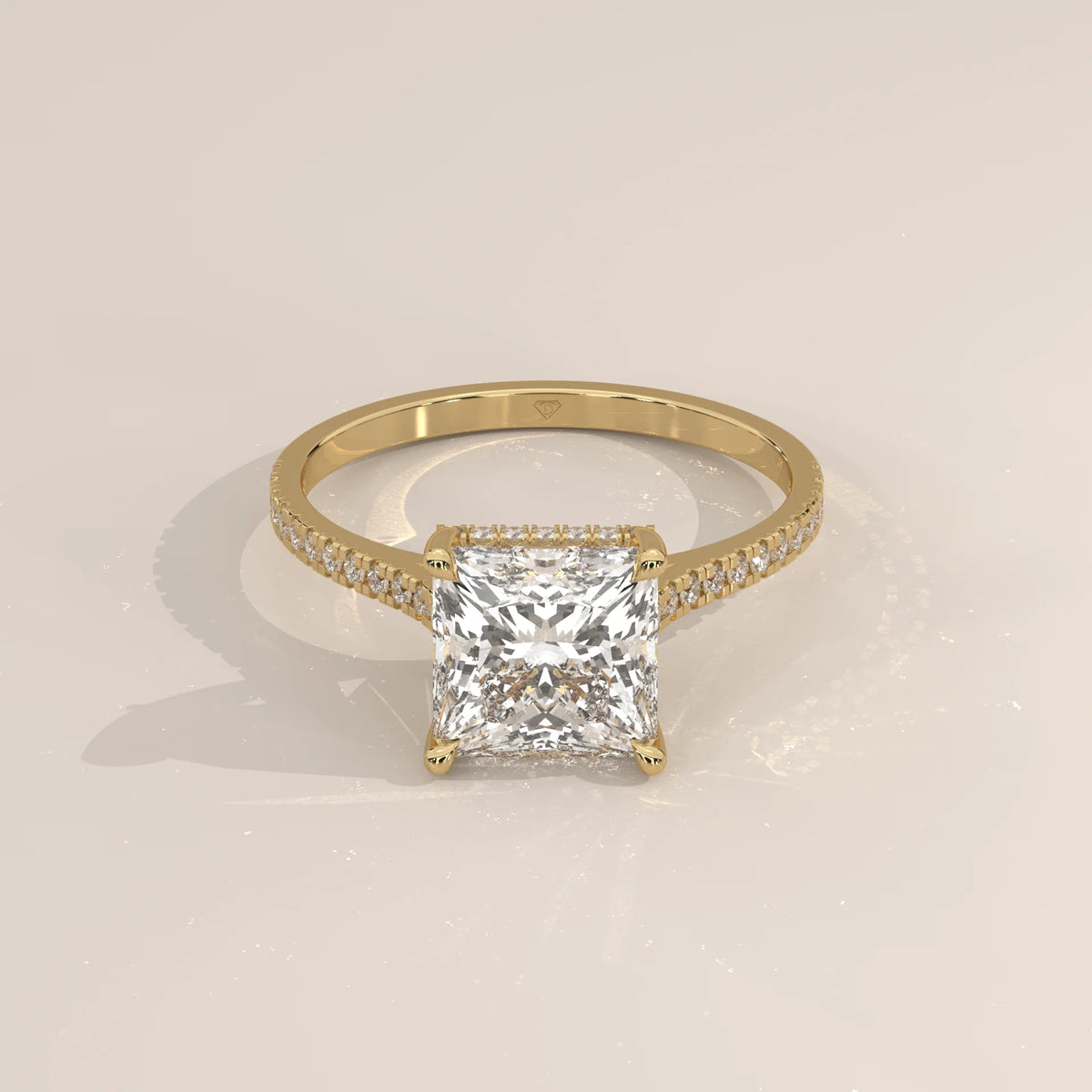 Daphne 5 Carat Princess Lab Grown Diamond Ring, Hidden Halo Pave in yellow gold, shown from the front.