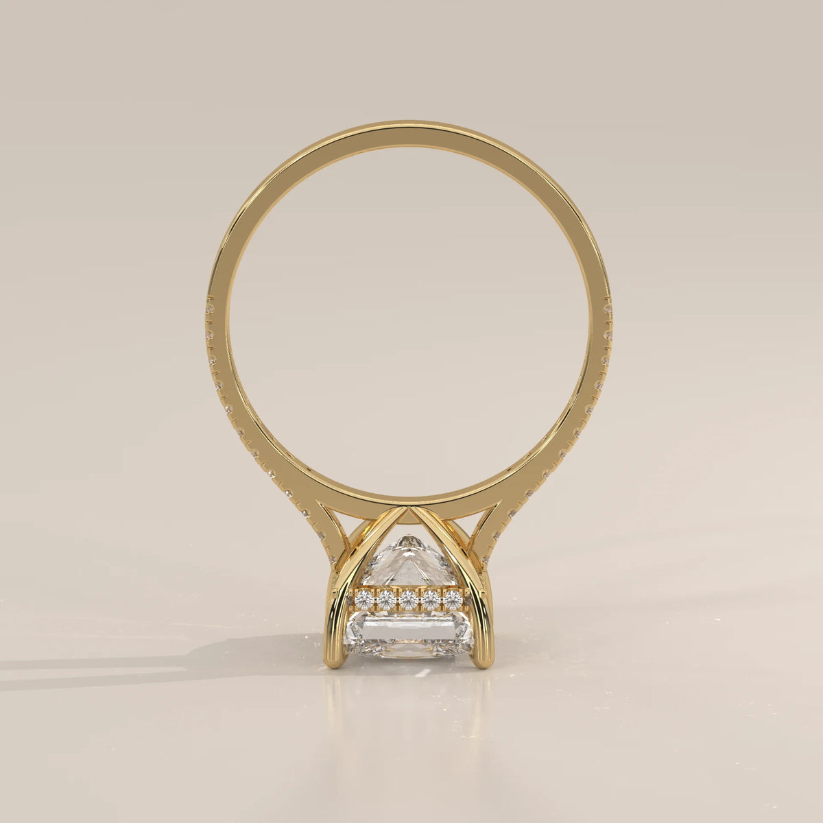 Daphne 5 Carat Princess Lab Grown Diamond Ring, Hidden Halo Pave in yellow gold, side profile view.