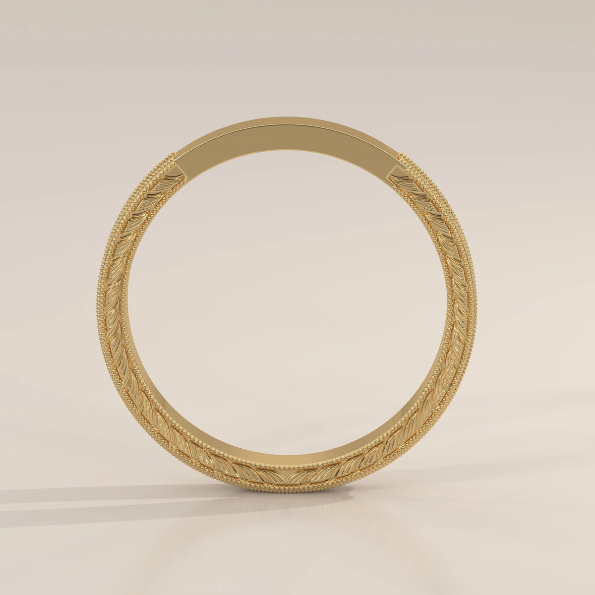 Dense Ribbon Scroll Engraved Wedding Band with Milgrain, front view on a plain background.
