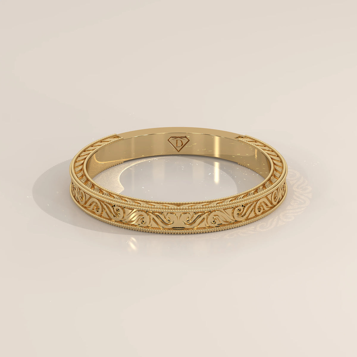 Dense Ribbon Scroll Engraved Wedding Band with Milgrain, shown from the front.