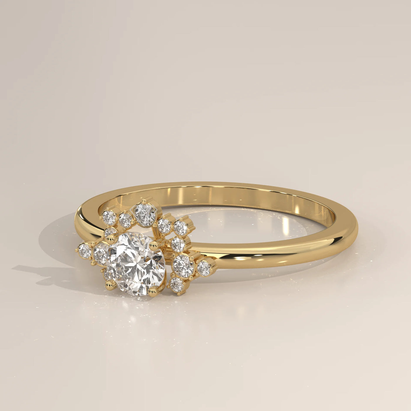 A delicate yellow gold ring with a central diamond surrounded by smaller accent stones.