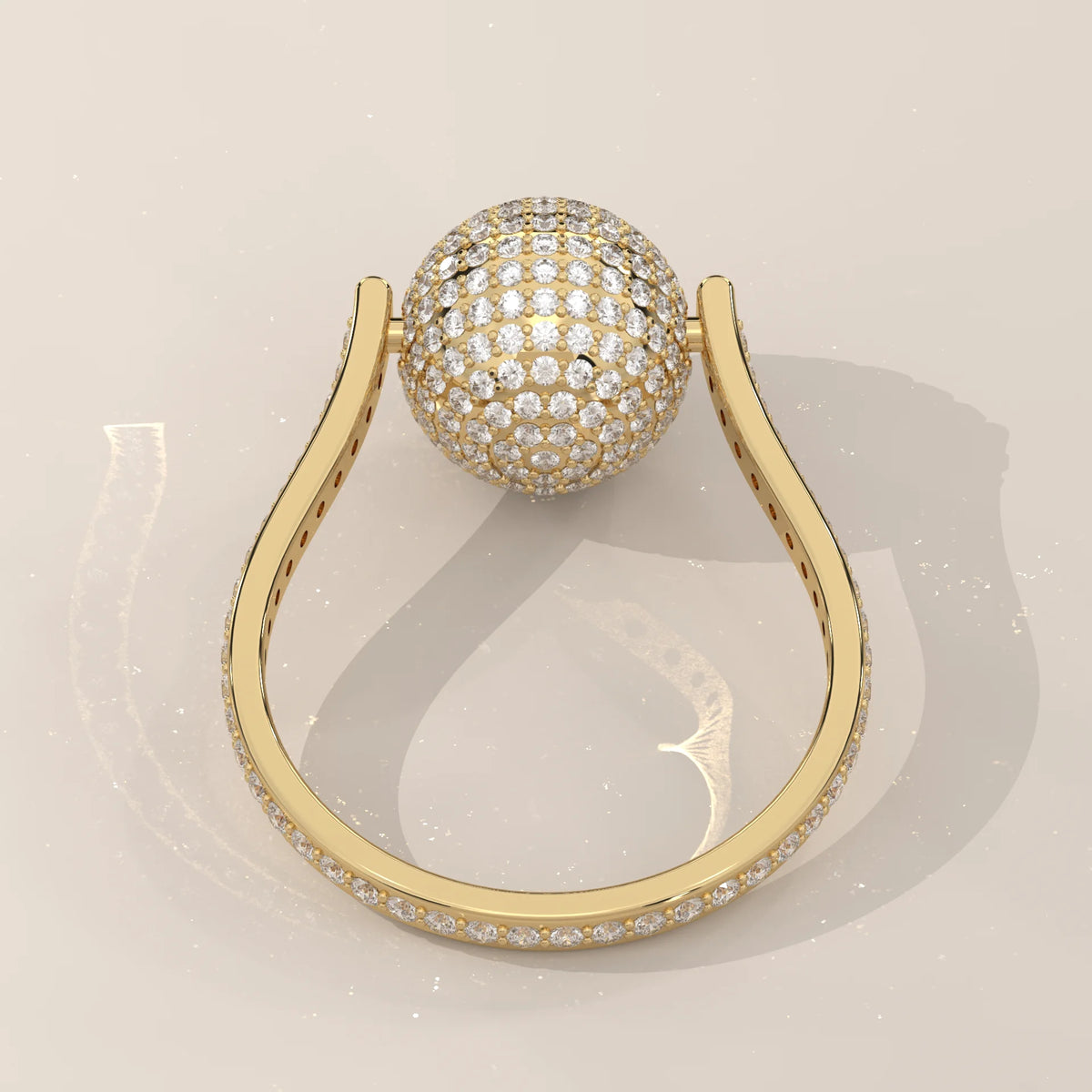 Round Lab Grown Diamond Pave Sphere Ring on a Pave Band in yellow gold, photographed head-on.
