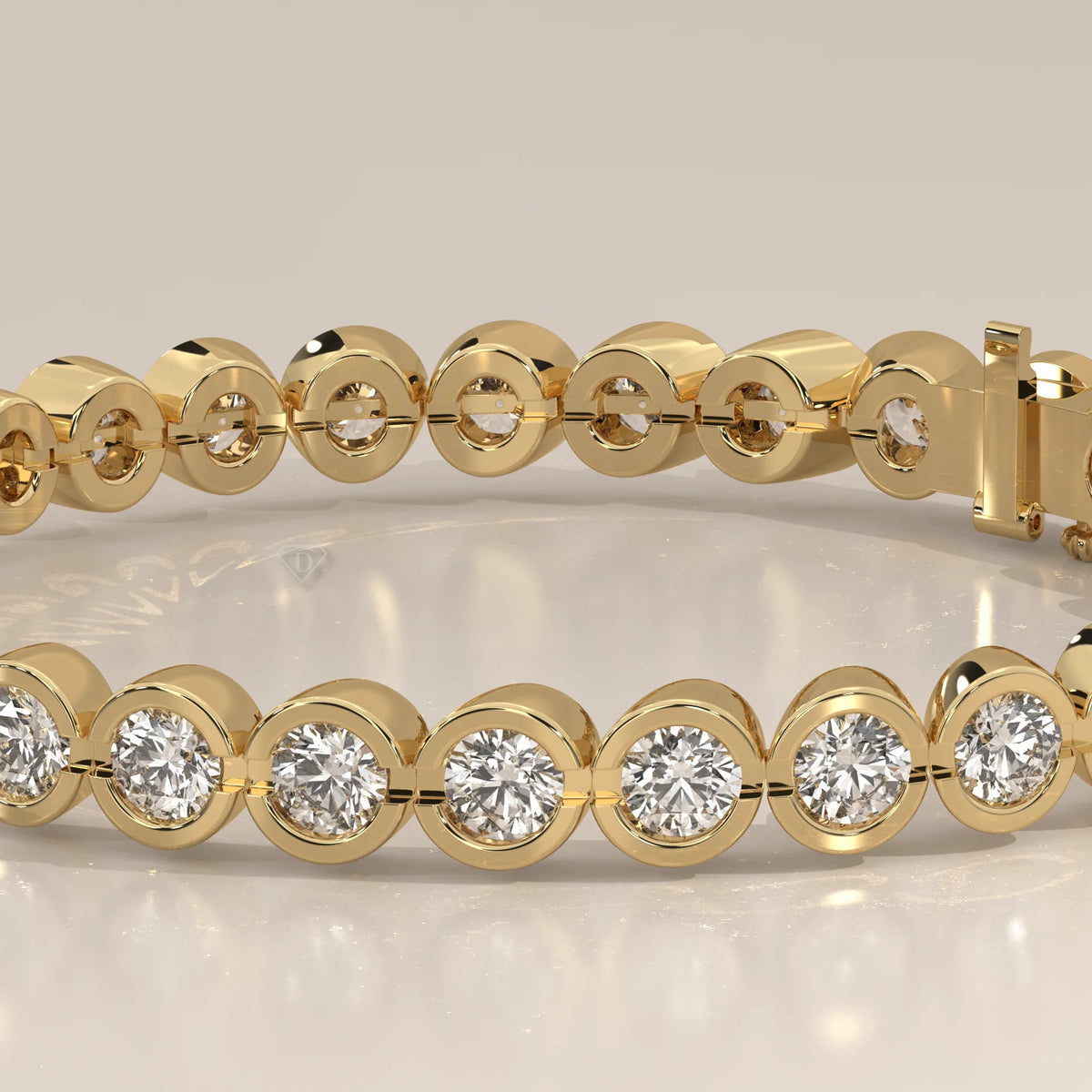 A close-up view of a gold bracelet with bezel-set diamonds.