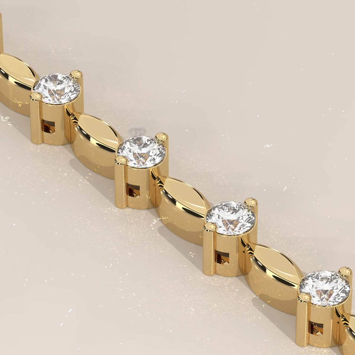 A close-up of a delicate gold bracelet with round diamonds.