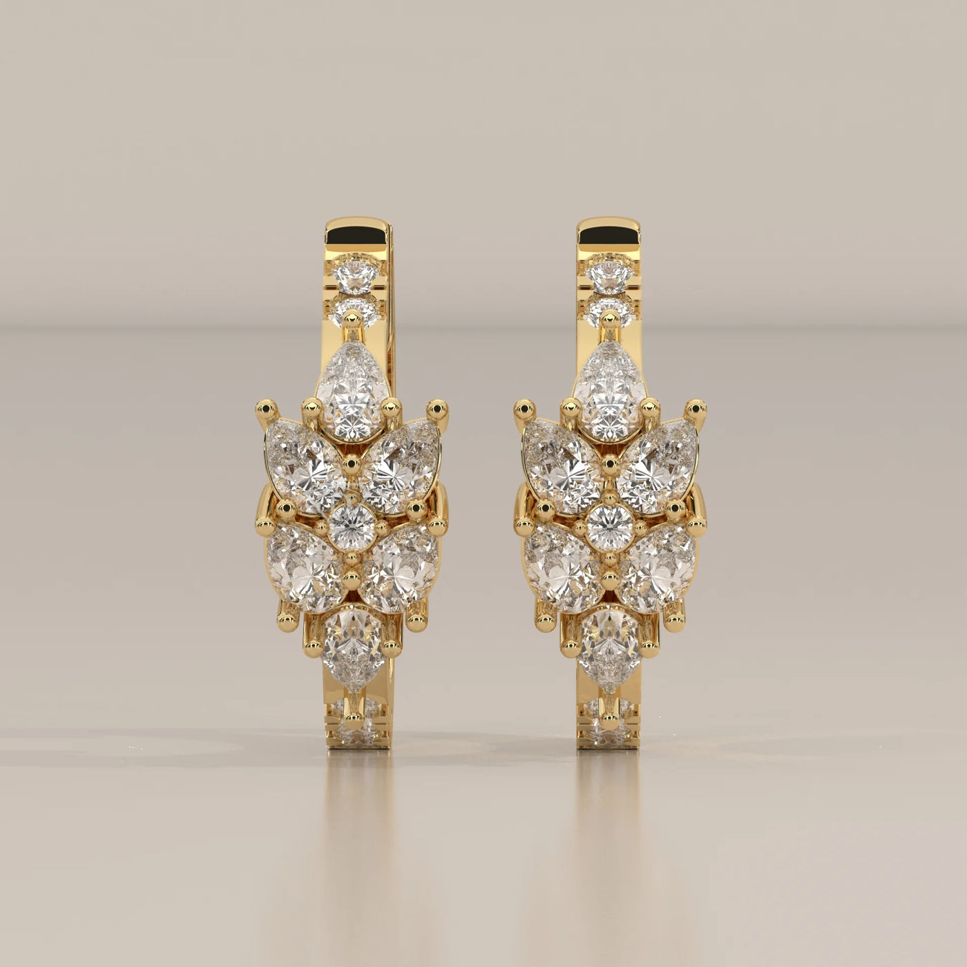 Front View: Round Diamond Huggie Hoop Earrings with Cluster Setting in Yellow Gold – Lab Grown – Driona Jewels