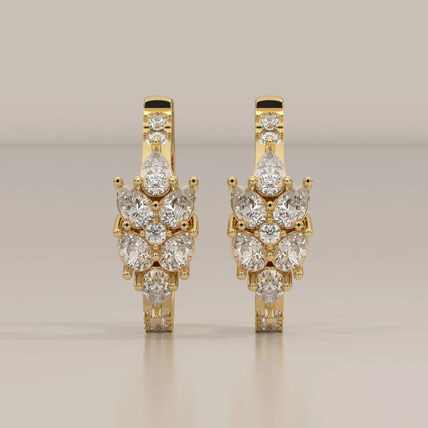 Front View: Round Diamond Huggie Hoop Earrings with Cluster Setting in Yellow Gold – Lab Grown – Driona Jewels