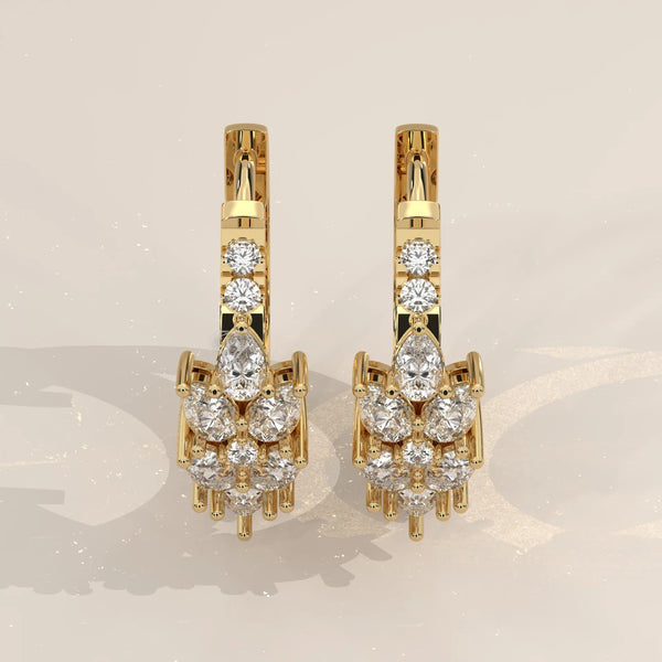 Pair Front View: Round Diamond Huggie Hoop Earrings with Cluster Setting in Yellow Gold – Lab Grown – Driona Jewels