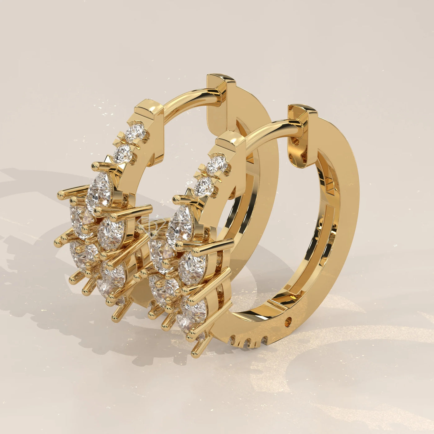 Three-Quarter View: Round Diamond Huggie Hoop Earrings with Cluster Setting in Yellow Gold – Lab Grown – Driona Jewels