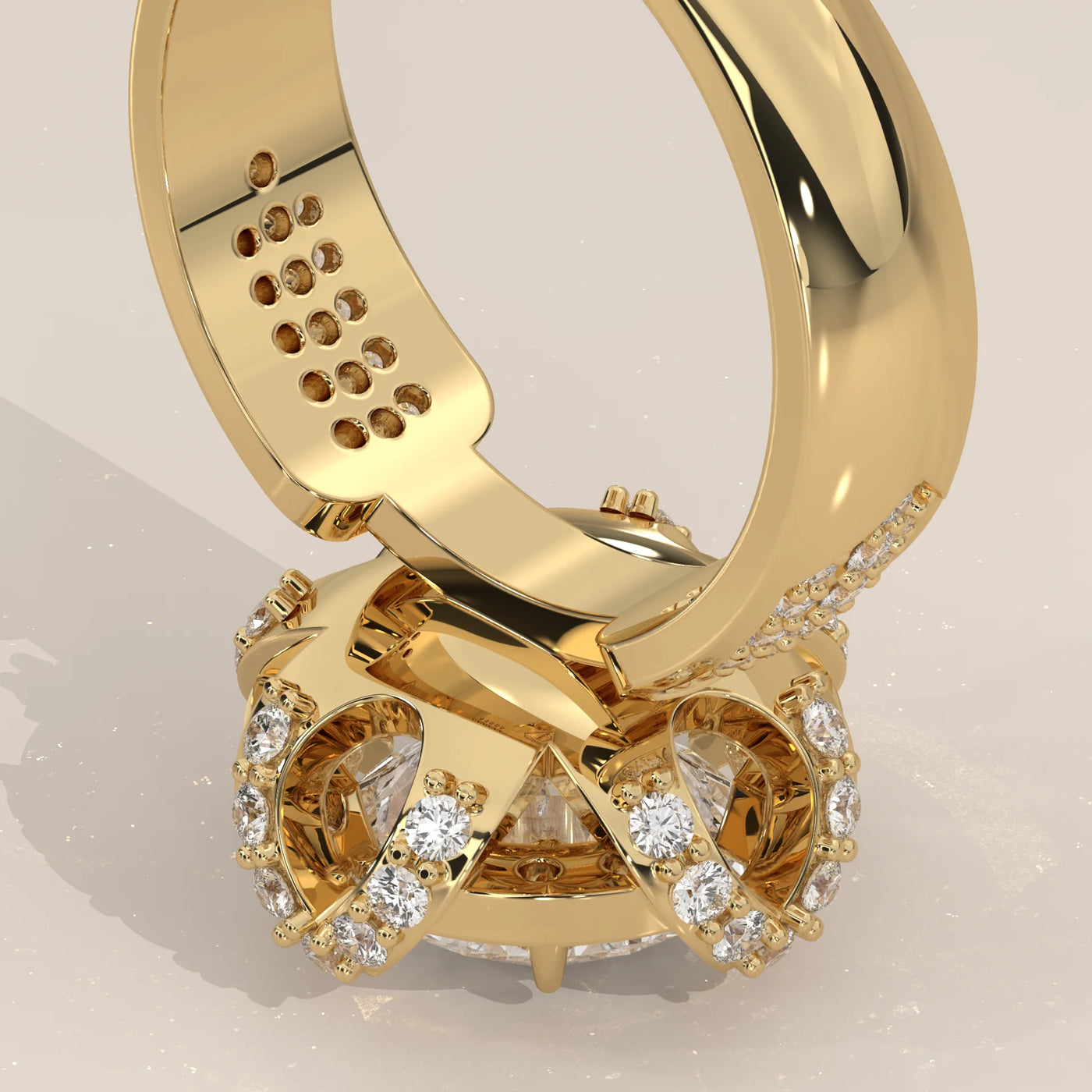 Close-up view of a 14k gold engagement ring with a large diamond surrounded by smaller stones.