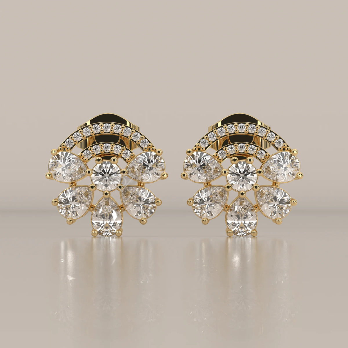 Front View: Round Diamond Stud Earrings with Cluster Setting in Yellow Gold – Lab Grown – Driona Jewels