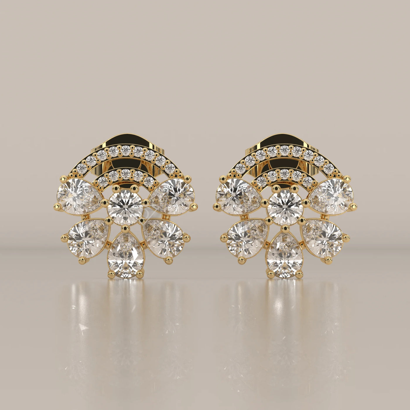 Front View: Round Diamond Stud Earrings with Cluster Setting in Yellow Gold – Lab Grown – Driona Jewels