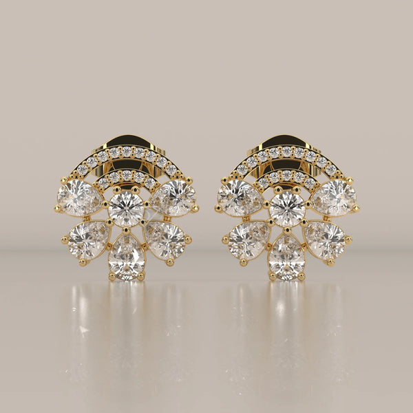 Front View: Round Diamond Stud Earrings with Cluster Setting in Yellow Gold – Lab Grown – Driona Jewels