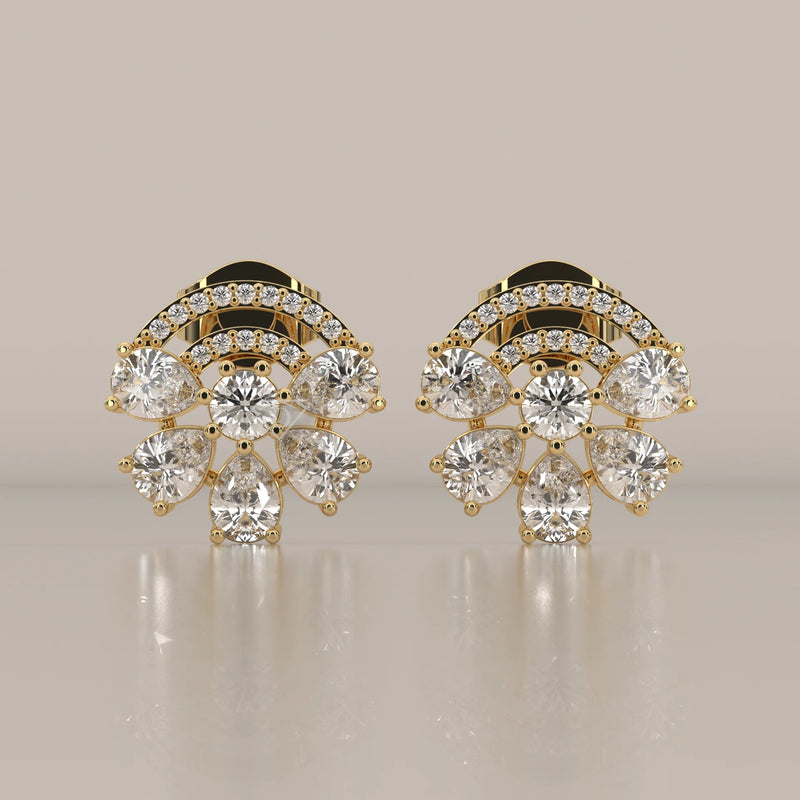 Front View: Round Diamond Stud Earrings with Cluster Setting in Yellow Gold – Lab Grown – Driona Jewels