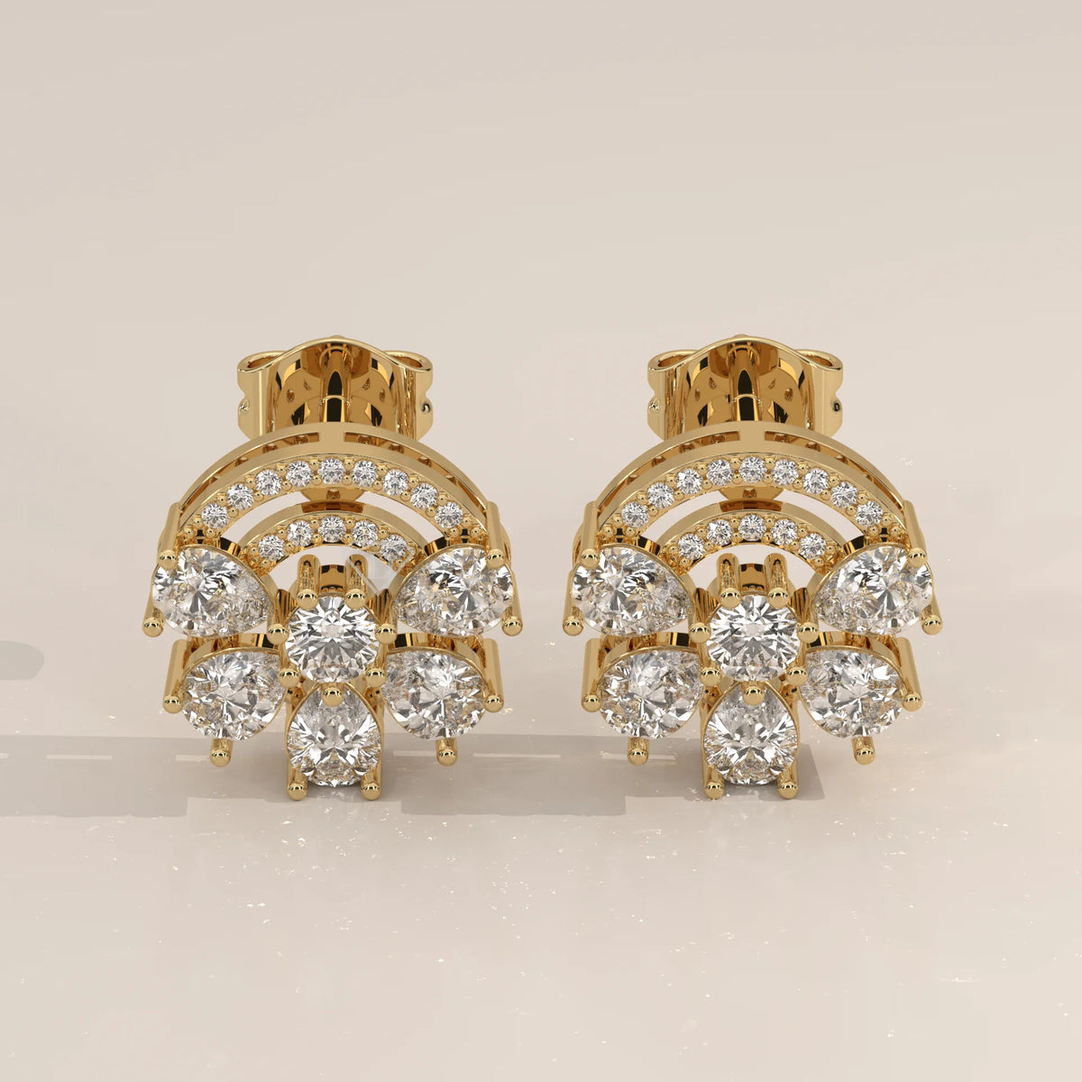 Pair Front View: Round Diamond Stud Earrings with Cluster Setting in Yellow Gold – Lab Grown – Driona Jewels
